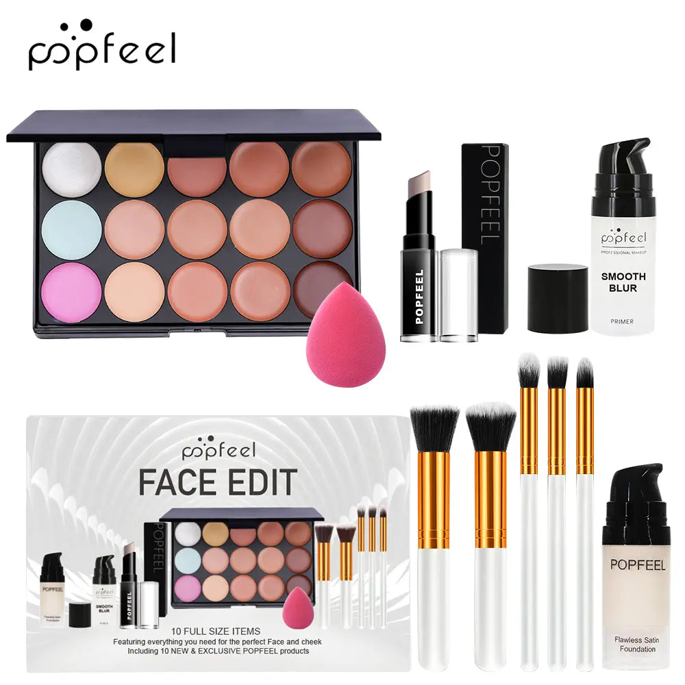 Popfeel Face Makeup Set 10-Piece Kit, Concealer &amp; Primer Cream, Complete Cosmetic Collection for Teen Girls, Includes Brushes, Daily Makeup Kit