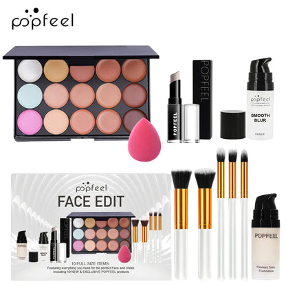Popfeel Face Makeup Set 10-Piece Kit, Concealer &amp; Primer Cream, Complete Cosmetic Collection for Teen Girls, Includes Brushes, Daily Makeup Kit