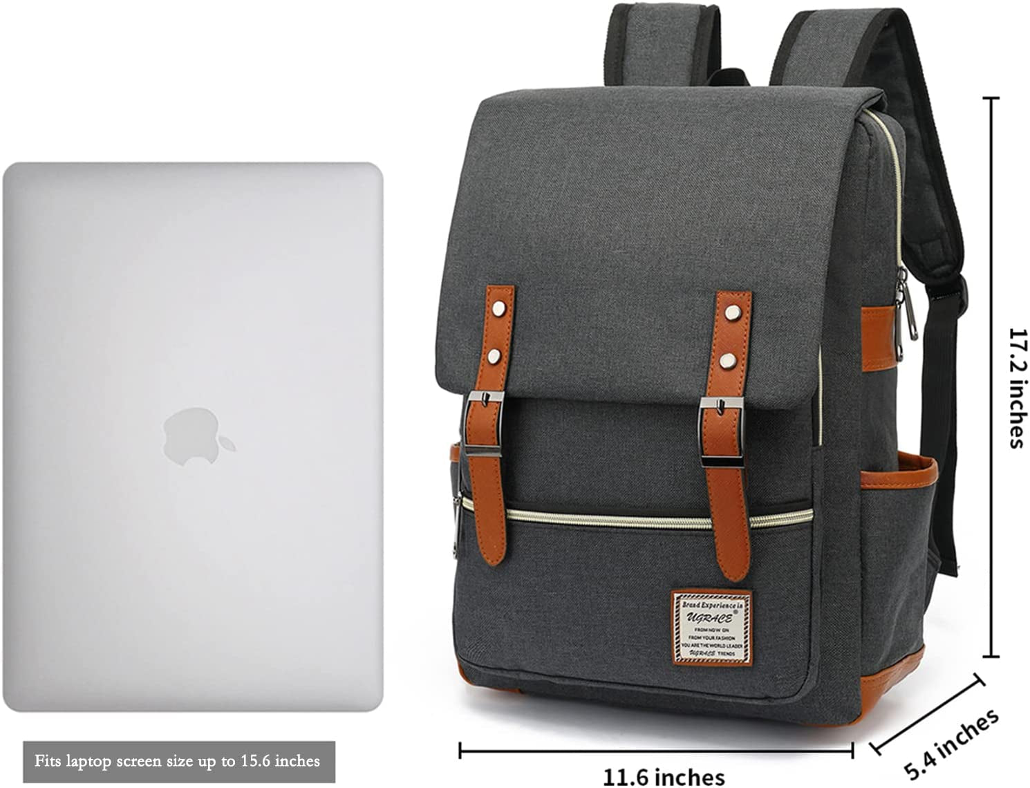 UGRACE Slim Business Laptop Backpack Casual Daypacks College Shoulder Bag for Men Women, Tear Resistant Unique Travelling Backpack Fits up to 15.6 Inch Laptop in ‎Charcoal Black