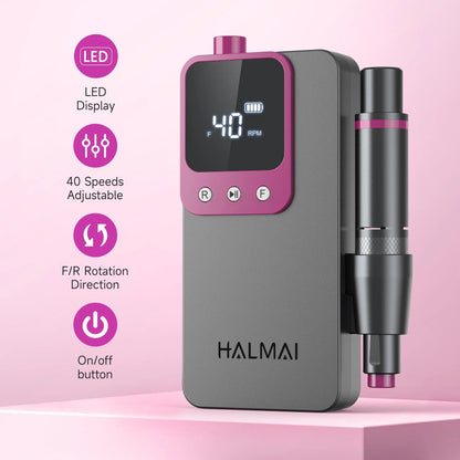 HALMAI Ultra Power Nail Drill: Professional Cordless Electric File for Acrylic &amp; Gel Nails, Ultra Powerful Motor Engineered by HALMAI, Vibration Free for Superior Natural Nail Care, 10 Second Gel Removal