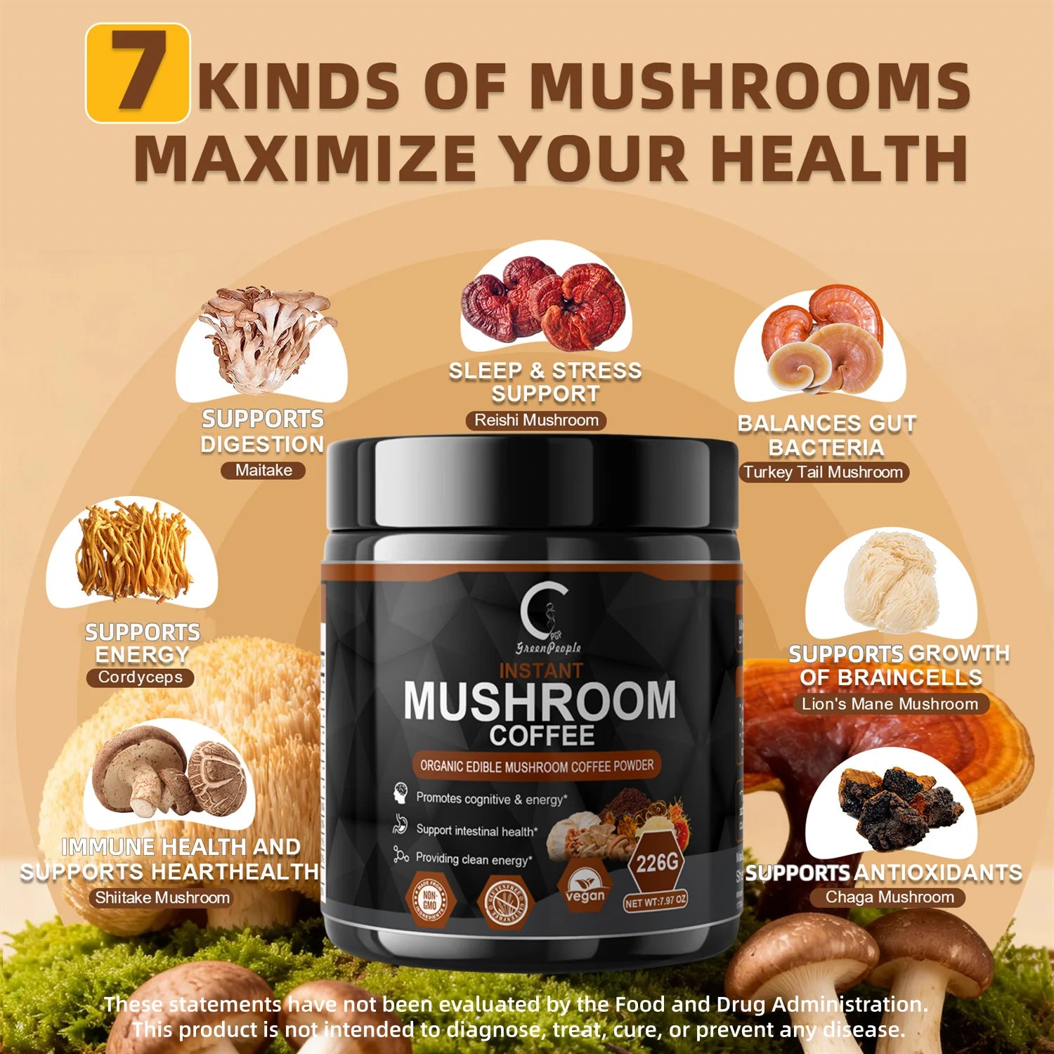 Instant Mushroom Coffee, Greenpeople Organic Mushroom Coffee Powder Supplements with Lion&