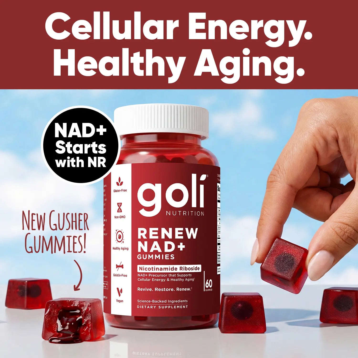 Goli Renew NAD+ (NR) Gummies. Clinically Studied NR Nicotinamide Riboside, Healthy Aging &amp; Cellular Energy. Gluten Free, Non-Gmo, Gelatin-Free, Vegan.
