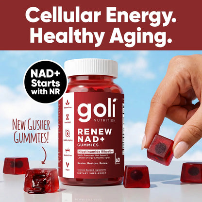 Goli Renew NAD+ (NR) Gummies. Clinically Studied NR Nicotinamide Riboside, Healthy Aging &amp; Cellular Energy. Gluten Free, Non-Gmo, Gelatin-Free, Vegan.