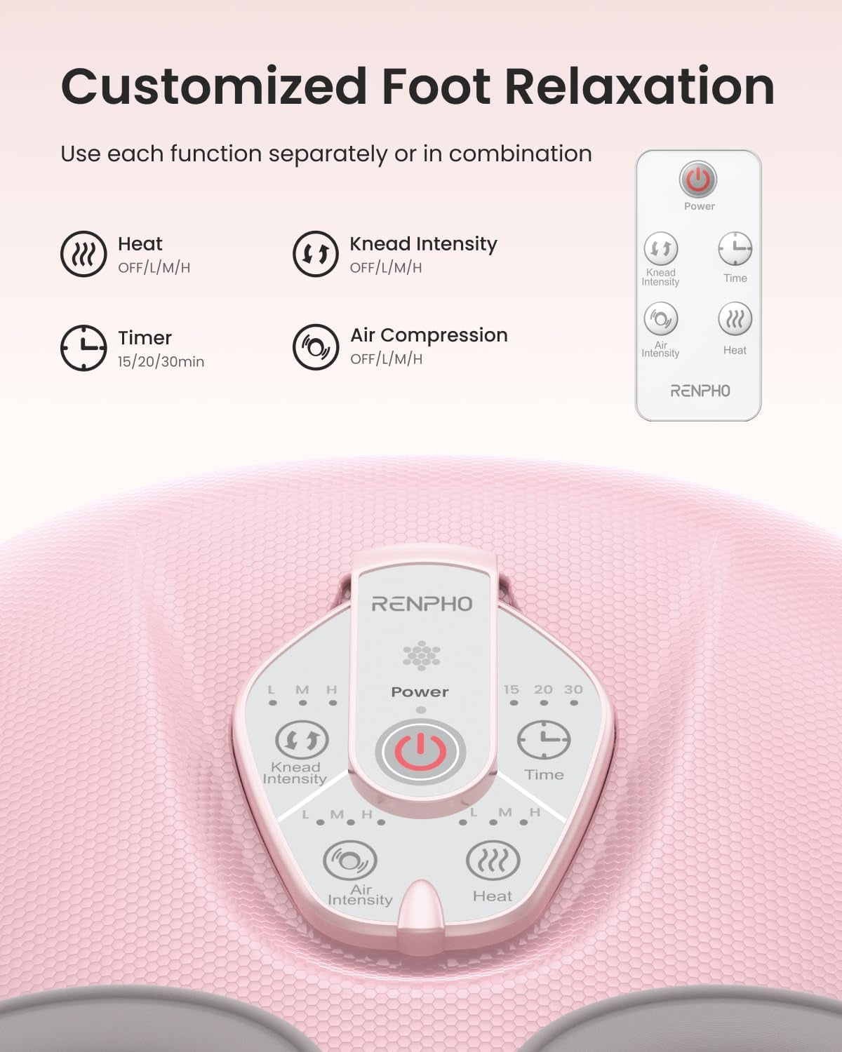 RENPHO Foot Massager Machine with Heat remote control for customized foot relaxation features and settings.