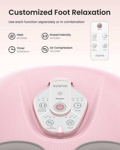 RENPHO Foot Massager Machine with Heat remote control for customized foot relaxation features and settings.
