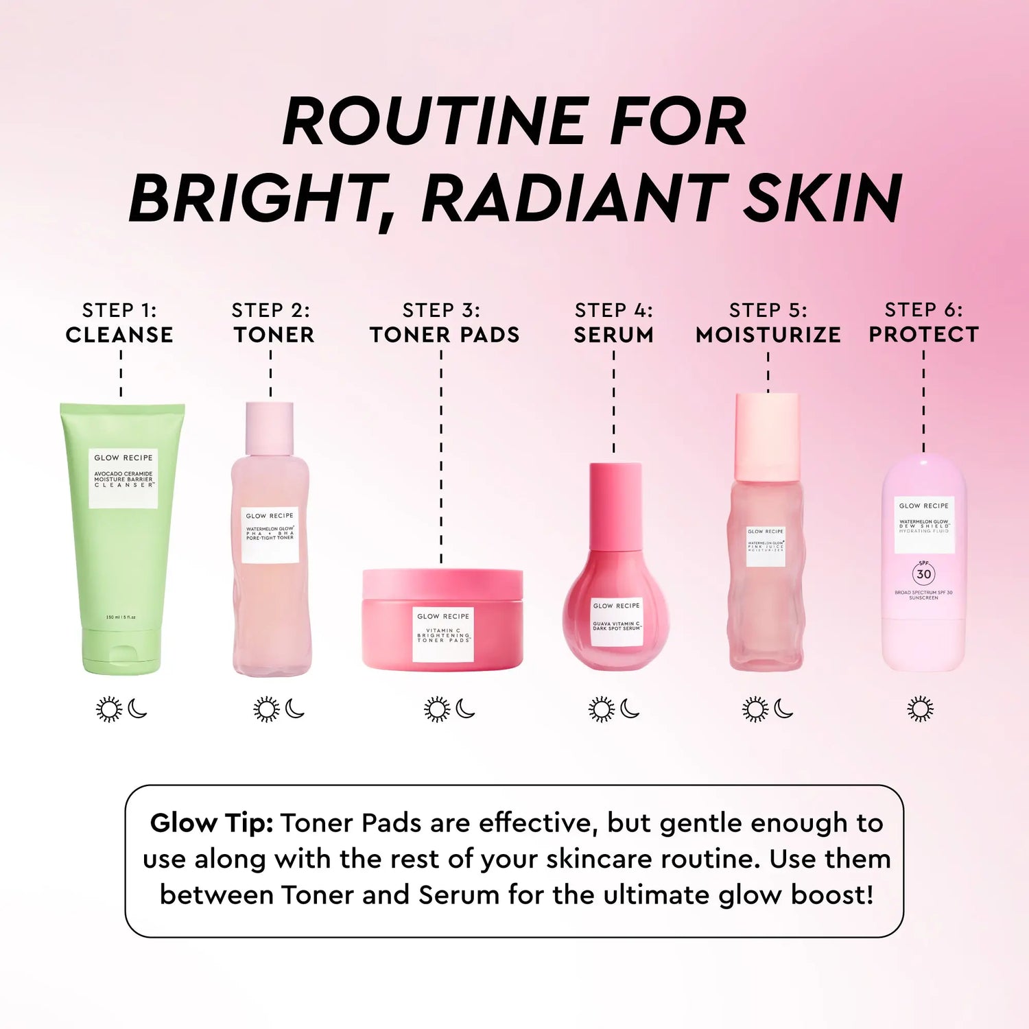 Glow Recipe Vitamin C Brightening Korean Toner Pads - Gentle, Caffeine-Infused, Radiance-Boosting Skincare for Adults with Dry &amp; All Skin Types, Korean Facial Toner Pads