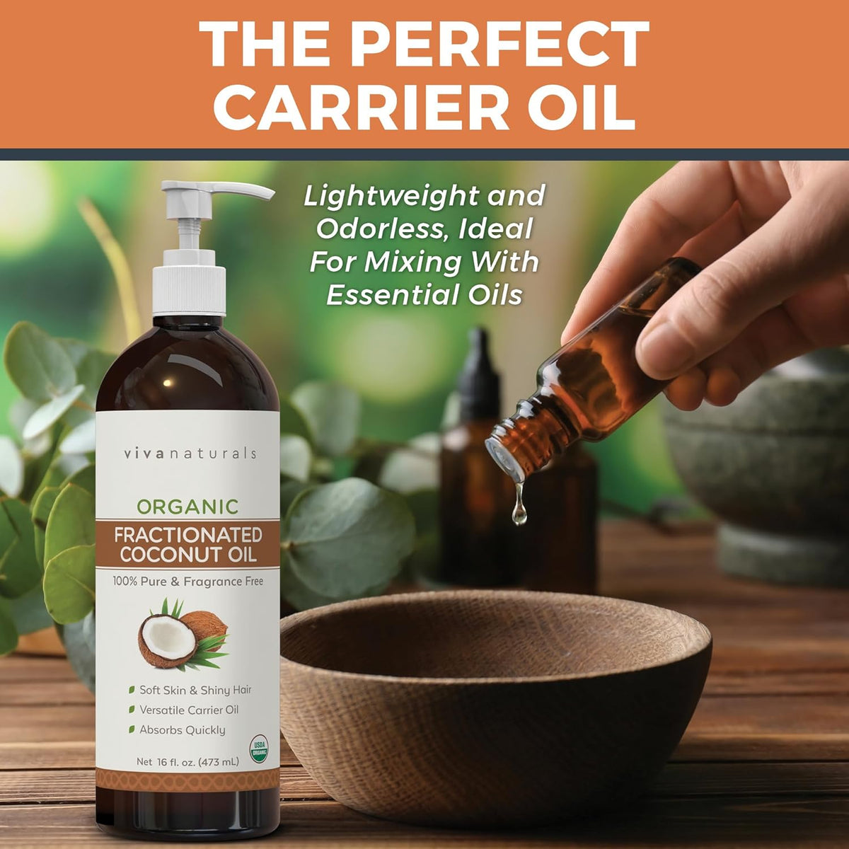Viva Naturals Organic Fractionated Coconut Oil for skin and hair as a lightweight carrier oil for essential oils.