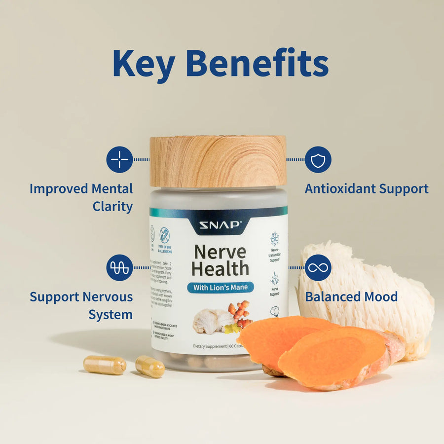 Nerve Health natural nerve health supplement jar with key benefits including improved mental clarity and support for nervous system