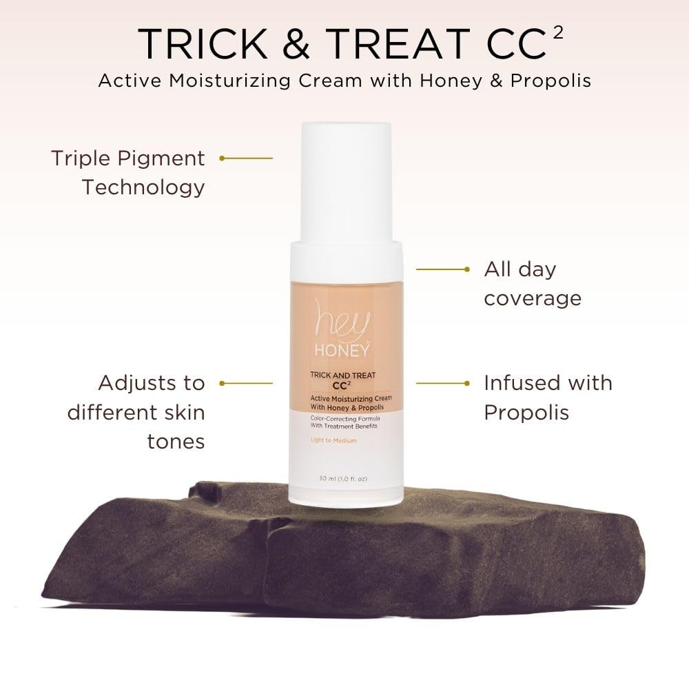 Trick and Treat CC² Cream SPF 46 | Active Moisturizing Color Correcting Cream with Honey &amp; Propolis | Best Cover for Rosacea, Skin Redness &amp; Mature Skin | Cruelty-Free | 1 Oz (Light Tone)