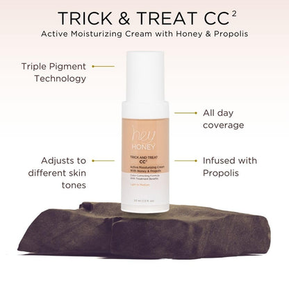 Trick and Treat CC² Cream SPF 46 | Active Moisturizing Color Correcting Cream with Honey &amp; Propolis | Best Cover for Rosacea, Skin Redness &amp; Mature Skin | Cruelty-Free | 1 Oz (Light Tone)