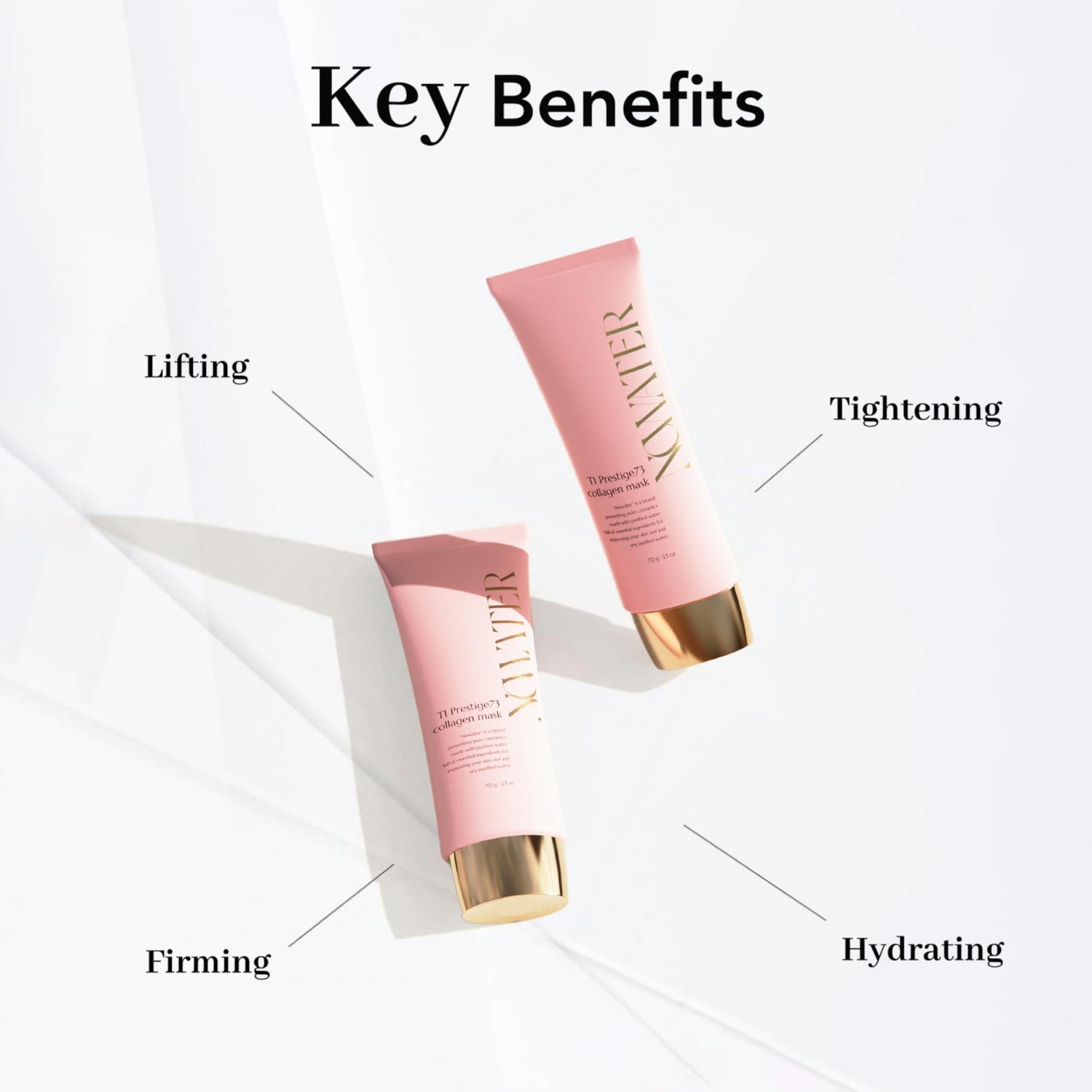 Collagen elastin hydrating mask key benefits including lifting, tightening, firming, and hydrating.