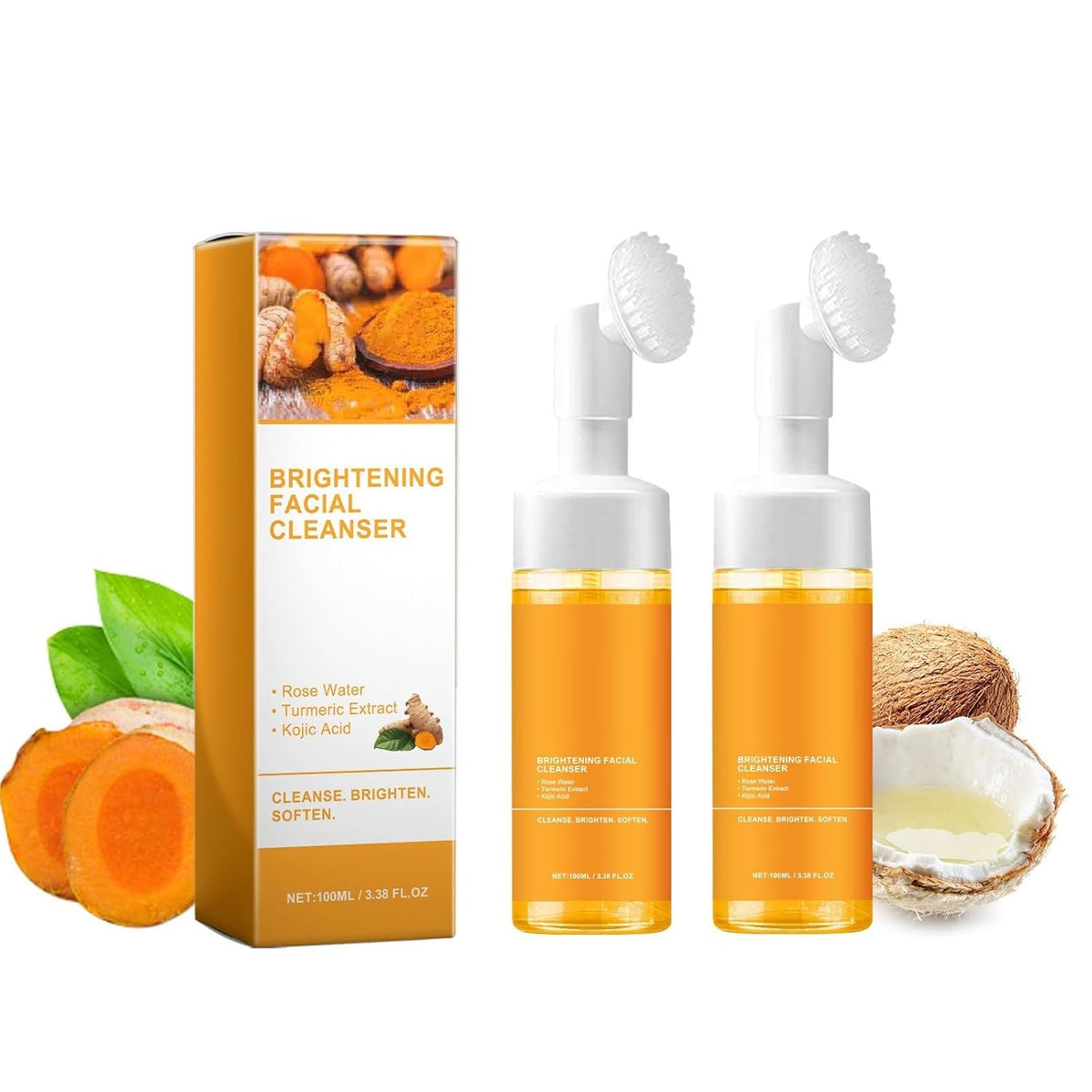 Glow Wash Turmeric Face Wash with Brush,Deep Cleansing Exfoliating Foaming Facial Cleanser.