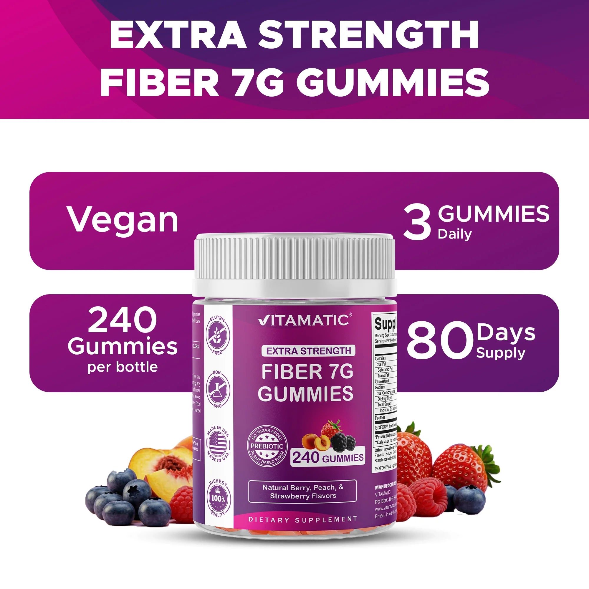 Prebiotic Fiber Gummies for Adults, 7G Extra Strength, Zero Sugar Added, 240 Pectin Based Gummies, Digestive Health &amp; Regularity Support