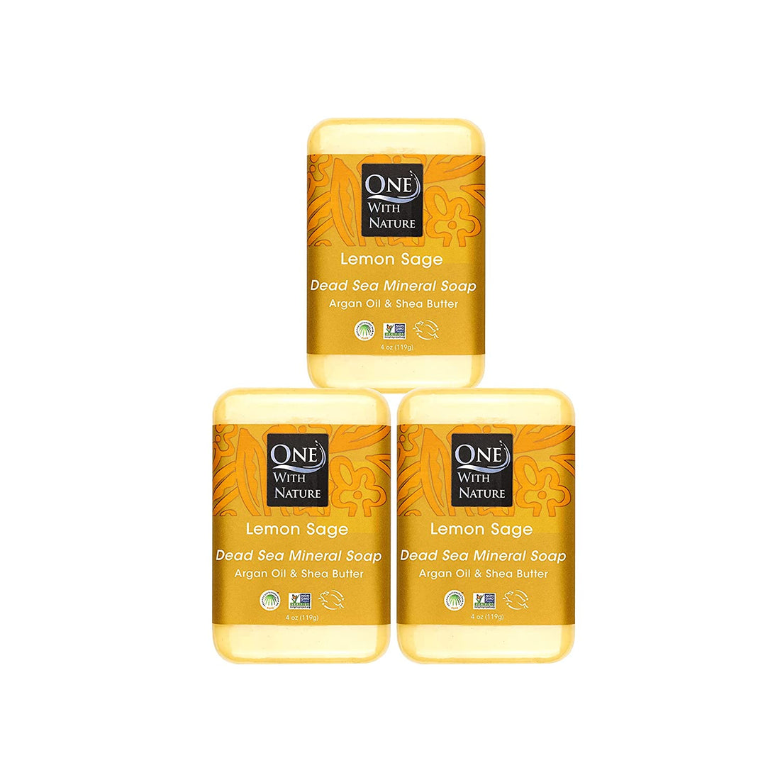 One with Nature Dead Sea Salt Lemon Sage Soap 4Oz 3-Pack – Purifying and Exfoliating Soap Bar with Dead Sea Minerals for Face &amp; Body, for Men &amp; Women