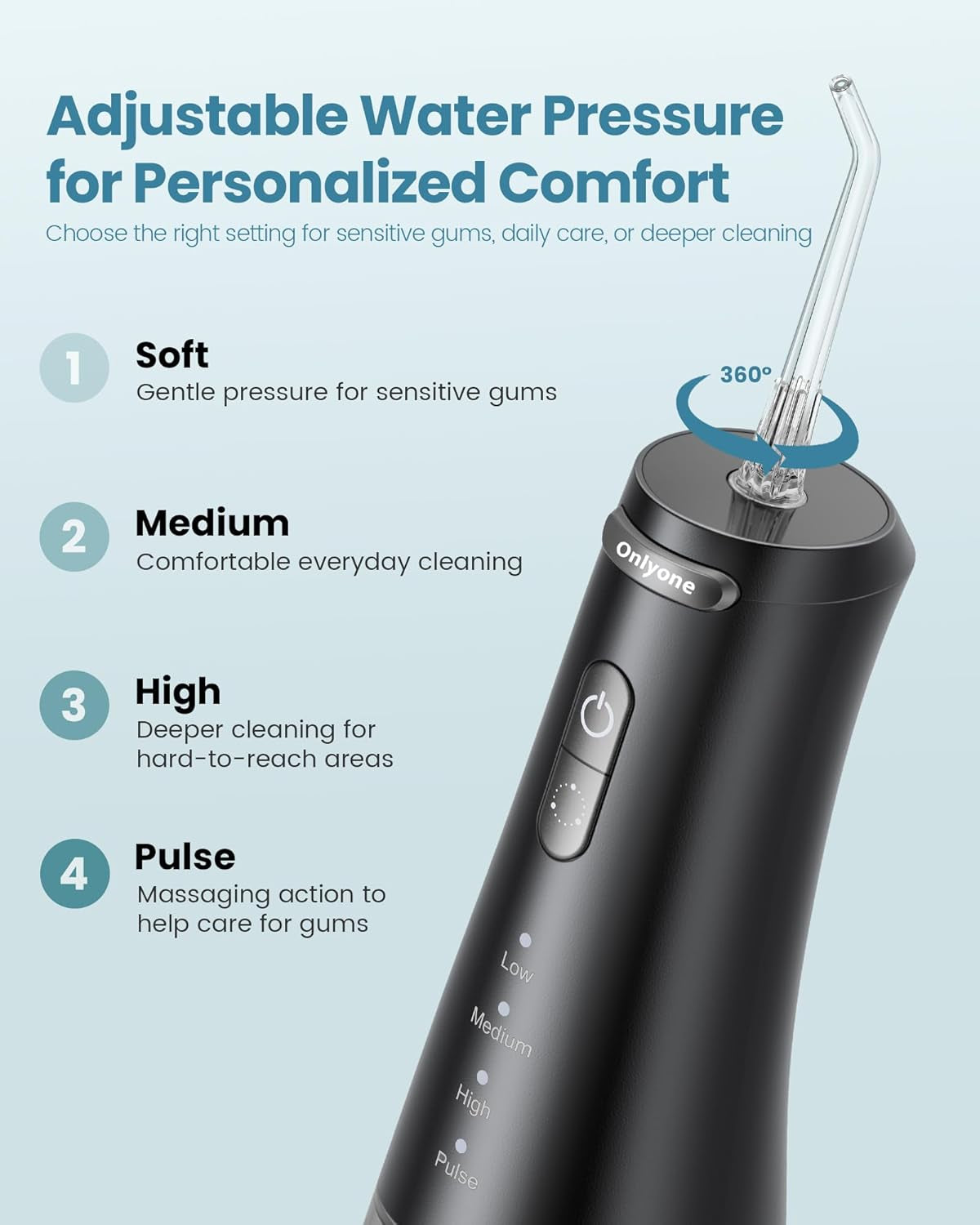 Onlyone rechargeable cordless water flosser with adjustable water pressure settings for oral care.