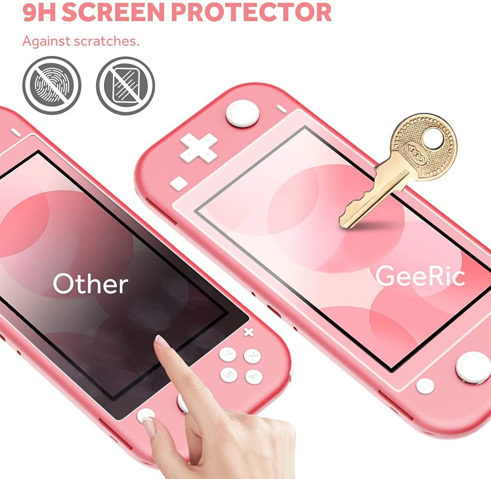 Geeric 8PCS Case Compatible with Switch Lite, Carrying Case Accessories Kit, 1 Soft Silicon Case + 2 Screen Protector + 4 Thumb Caps + 1 Storage Carrying Coral