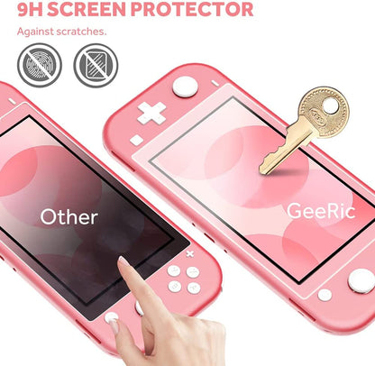 Geeric 8PCS Case Compatible with Switch Lite, Carrying Case Accessories Kit, 1 Soft Silicon Case + 2 Screen Protector + 4 Thumb Caps + 1 Storage Carrying Coral