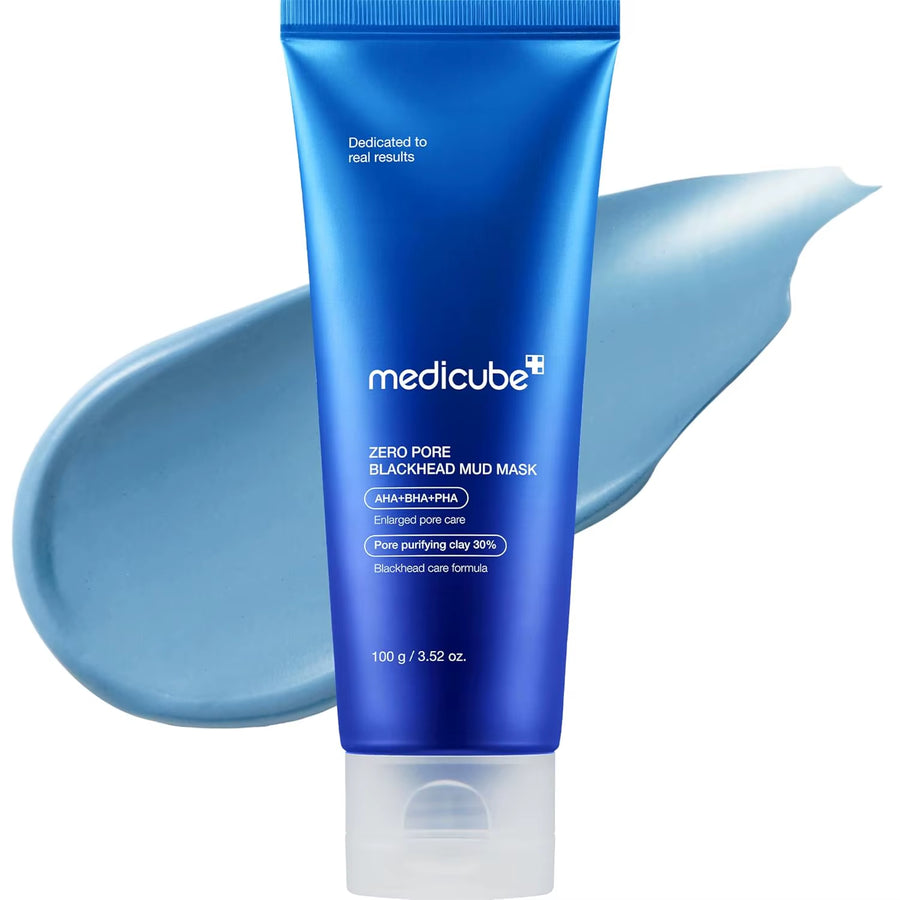 Medicube Zero Pore Blackhead Mud Mask for flawless skin home care duo, 100g tube with blue packaging.