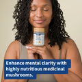 Natural nerve health supplement for mental clarity and wellness, featuring medicinal mushrooms in a serene setting.