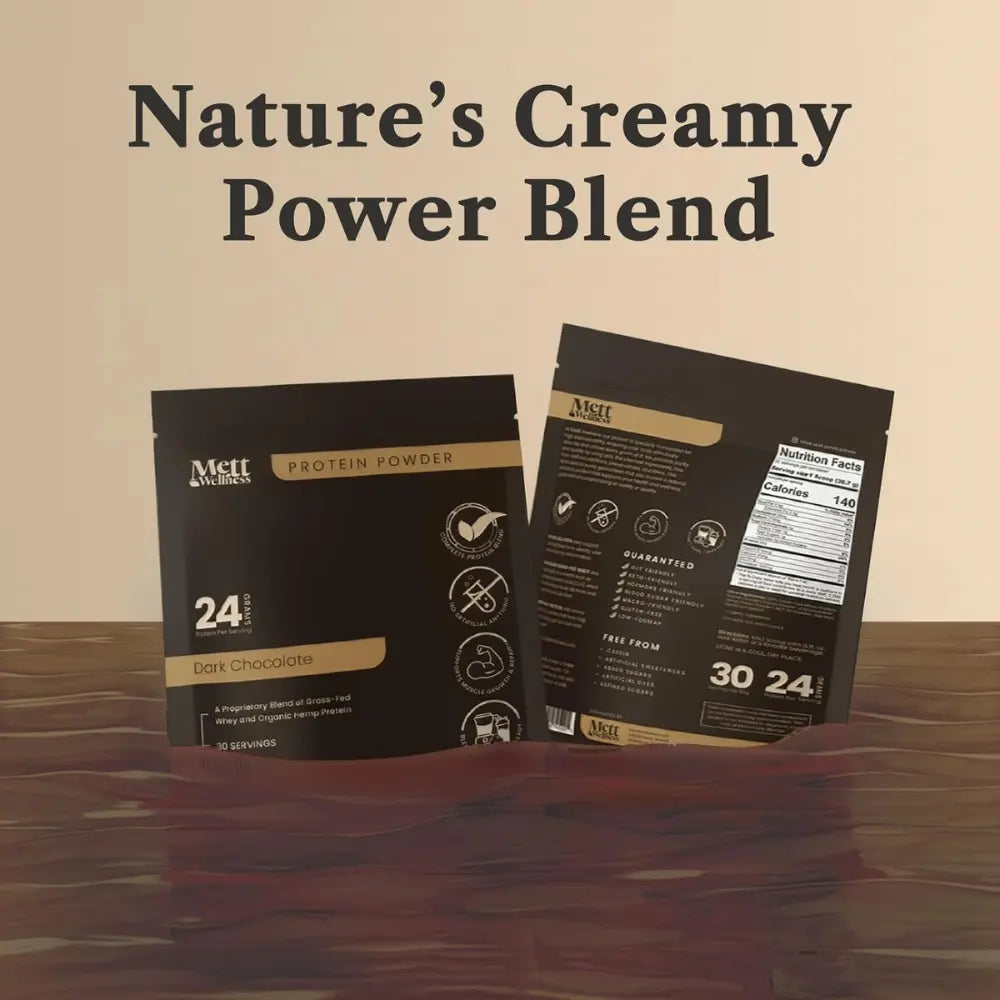 Mett Wellness Protein Powder | Dark Chocolate Grass-Fed Whey + Hemp Heart Protein | 24G Protein per Serving | 30 Servings