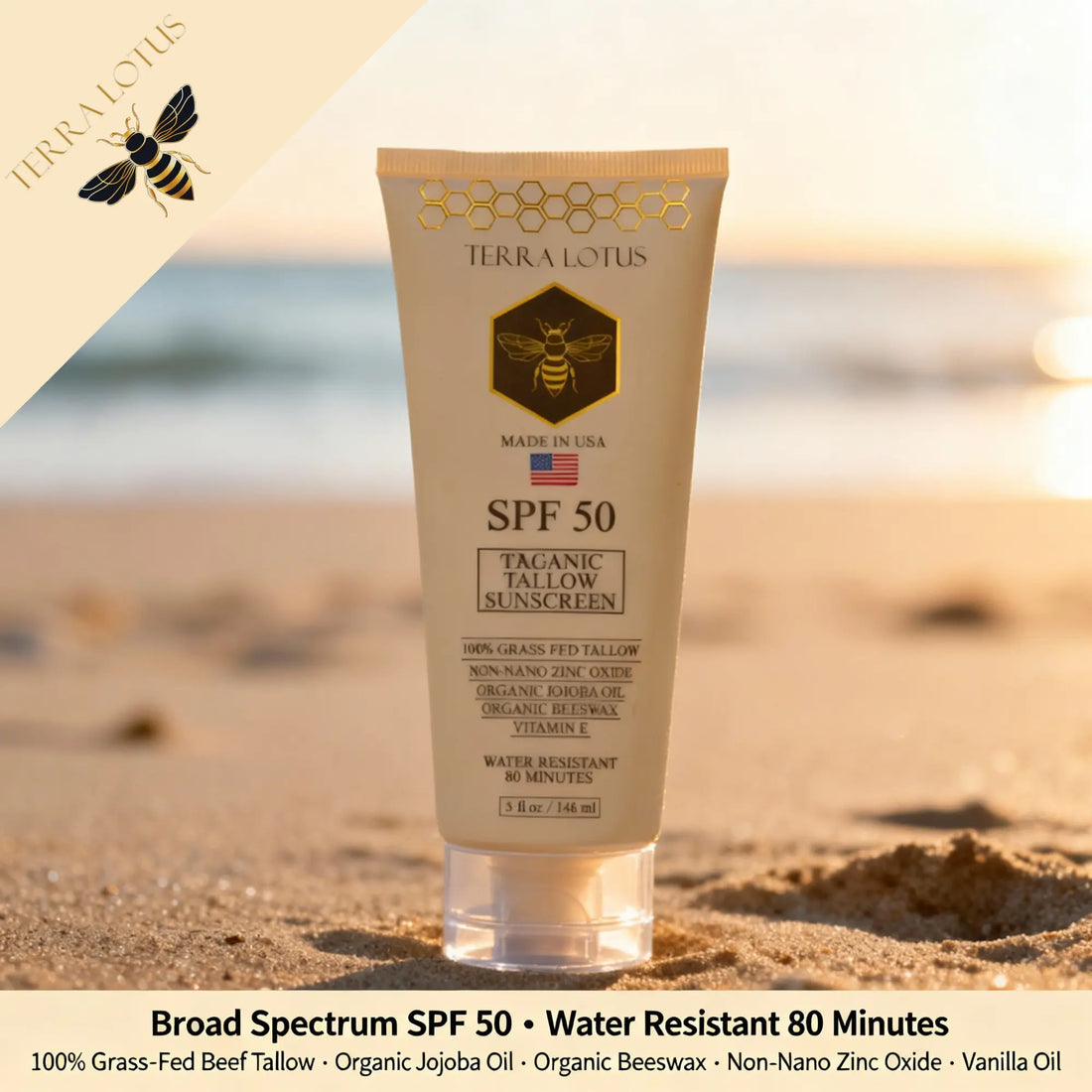 Organic Tallow Sunscreen - Natural Mineral Sunscreen SPF 50 - Safest Organic Natural Tallow &amp; Zinc Oxide Sunblock | Reef Safe, Clean Non-Greasy Formula for Face and Body