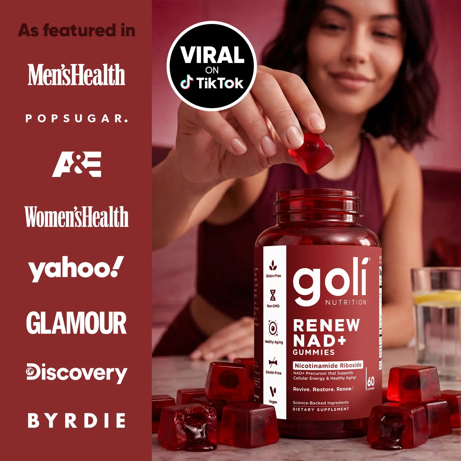 Goli Renew NAD+ (NR) Gummies. Clinically Studied NR Nicotinamide Riboside, Healthy Aging &amp; Cellular Energy. Gluten Free, Non-Gmo, Gelatin-Free, Vegan.