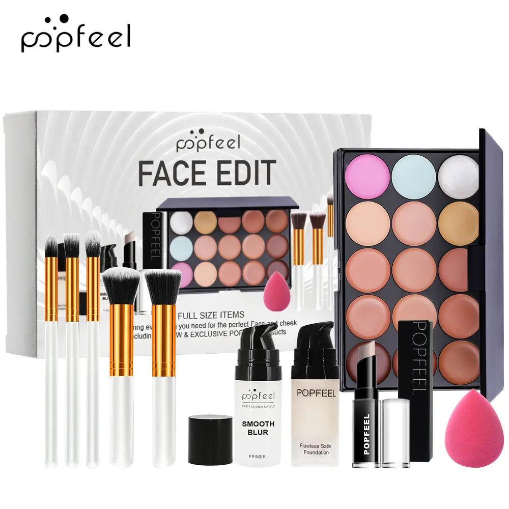 Popfeel Face Makeup Set 10-Piece Kit, Concealer &amp; Primer Cream, Complete Cosmetic Collection for Teen Girls, Includes Brushes, Daily Makeup Kit