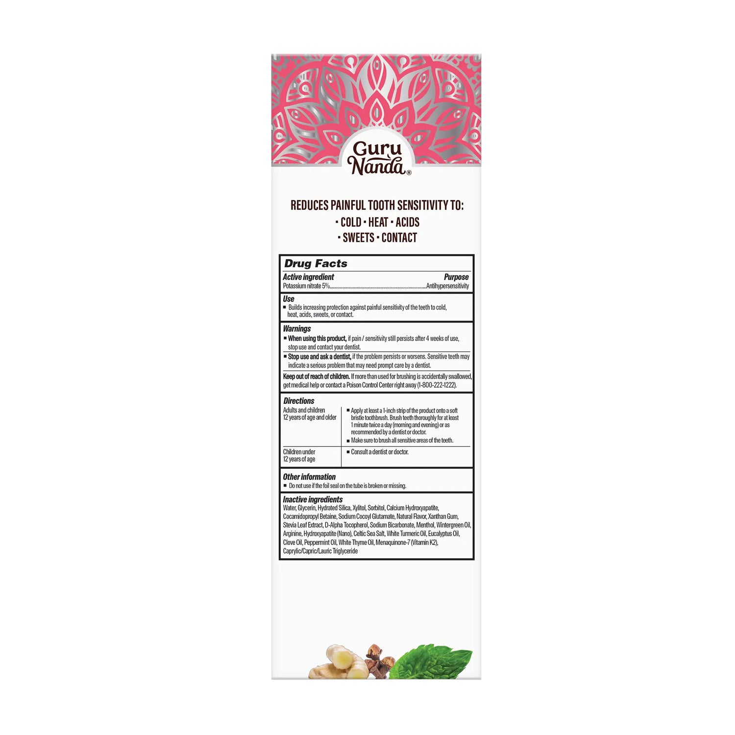 Gurunanda Sensitive Toothpaste – 5% Potassium Nitrate for Tooth Sensitivity Relief, Nano Hydroxyapatite &amp; White Turmeric, Fluoride-Free, Natural Clove Mint, 4.2 Oz