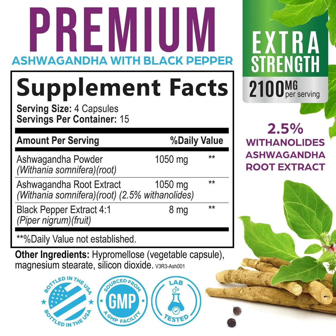 Ashwagandha Supplements - High-Absorption Ashwagandha Root Extract Powder with Black Pepper for Max Absorption - Herbal Supplement for Women &amp; Men, Vegan &amp; Gluten Free, Bottled in USA - 60 Capsules