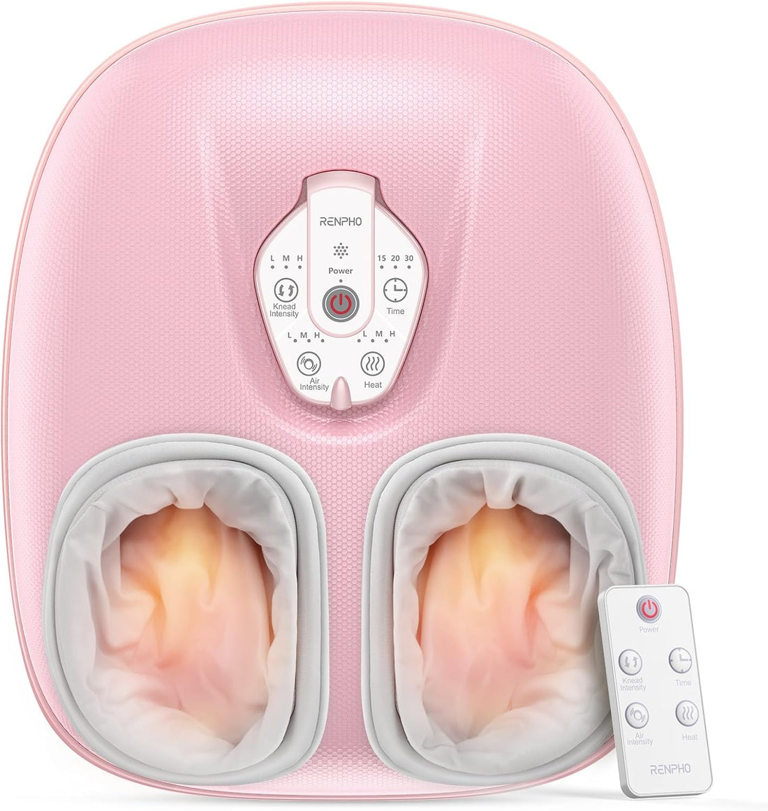 RENPHO Foot Massager Machine with Heat in pink, featuring controls for knead intensity and heat for self-care relaxation.