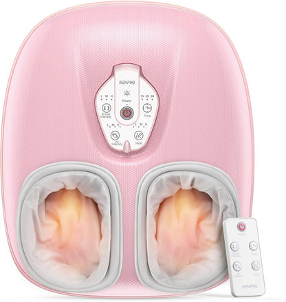 RENPHO Foot Massager Machine with Heat in pink, featuring controls for knead intensity and heat for self-care relaxation.