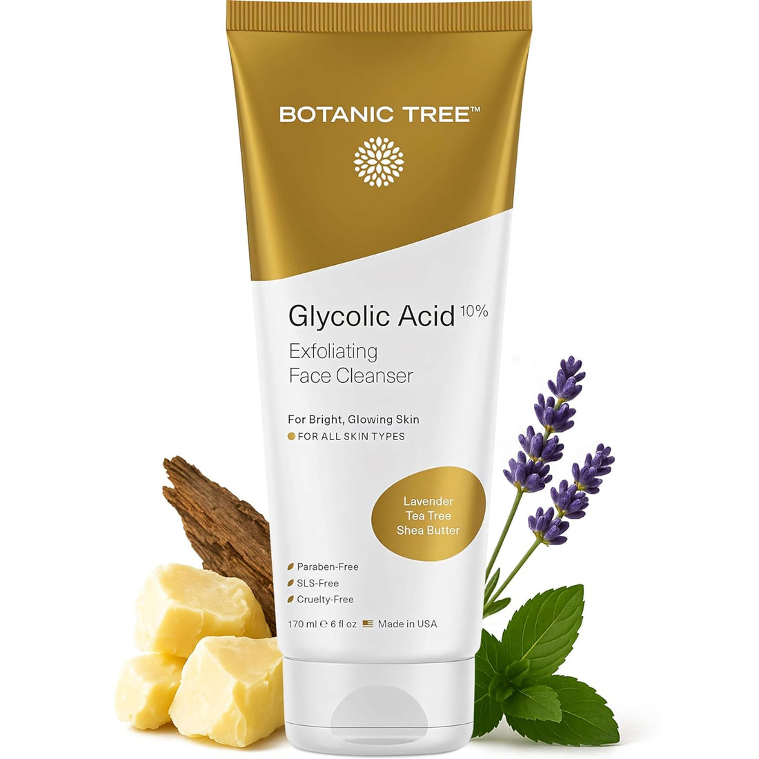 Botanic Tree Glycolic Acid Face Wash, glycolic acid facial cleanser in a tube with ingredients like lavender and shea butter.