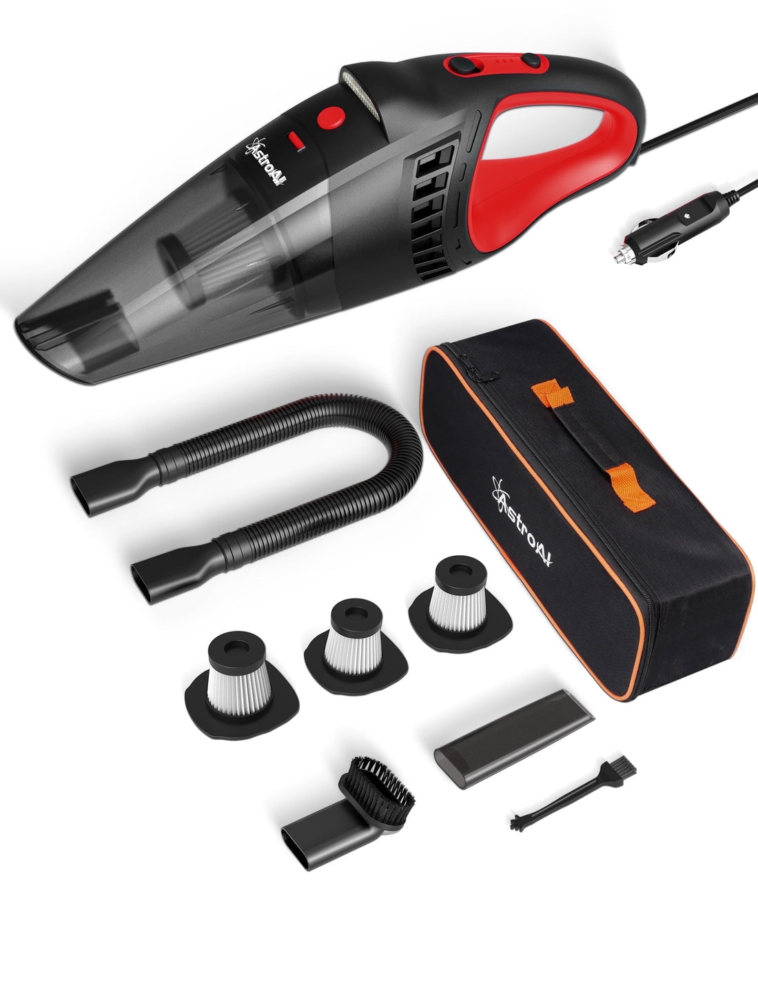 Car Vacuum Cleaner Portable with strong suction, accessories, and dust cup for cleaning home and car.
