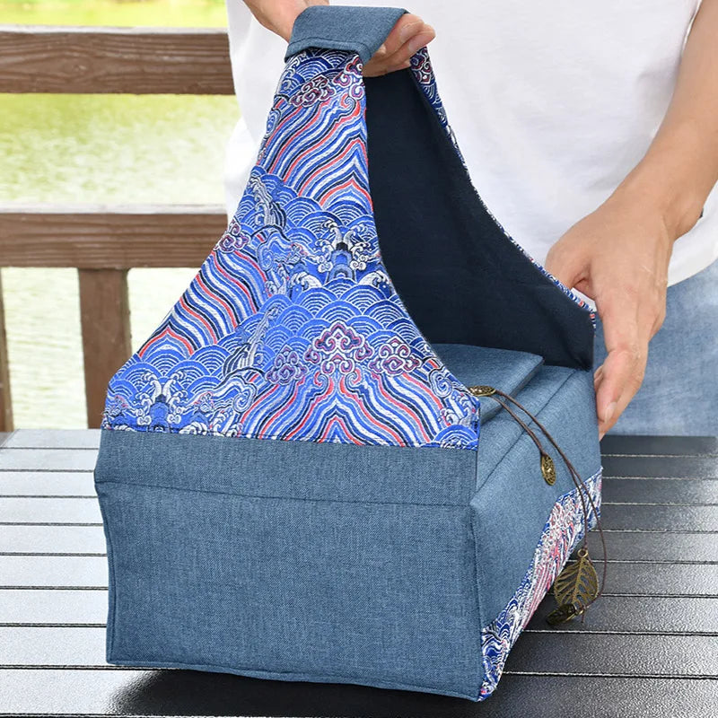 Silk Brocade Organizer, Portable Travel Storage Bag, Thickened, Inner Divided, Travel Cup Organizer, Large Capacity Cloth Bag