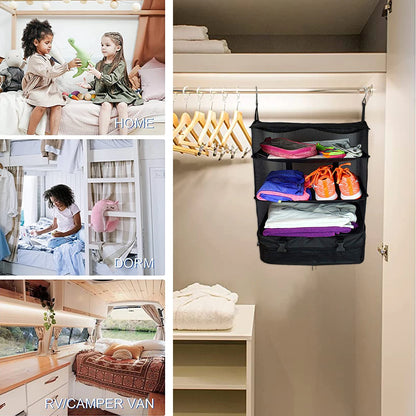 Travel Luggage Organizer Portable Travel Shelves Bag 3-Shelf Suitcase Packing Cube Collapsible Hanging Closet Storage Bag Space