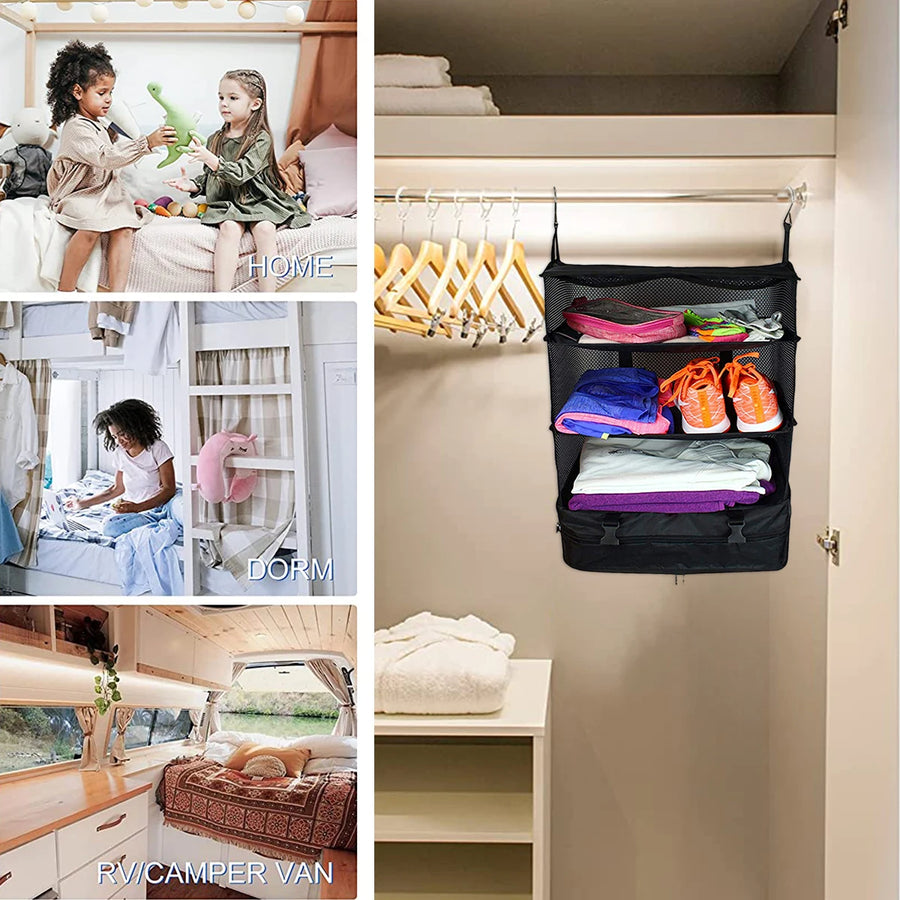 Travel Luggage Organizer Portable Travel Shelves Bag 3-Shelf Suitcase Packing Cube Collapsible Hanging Closet Storage Bag Space