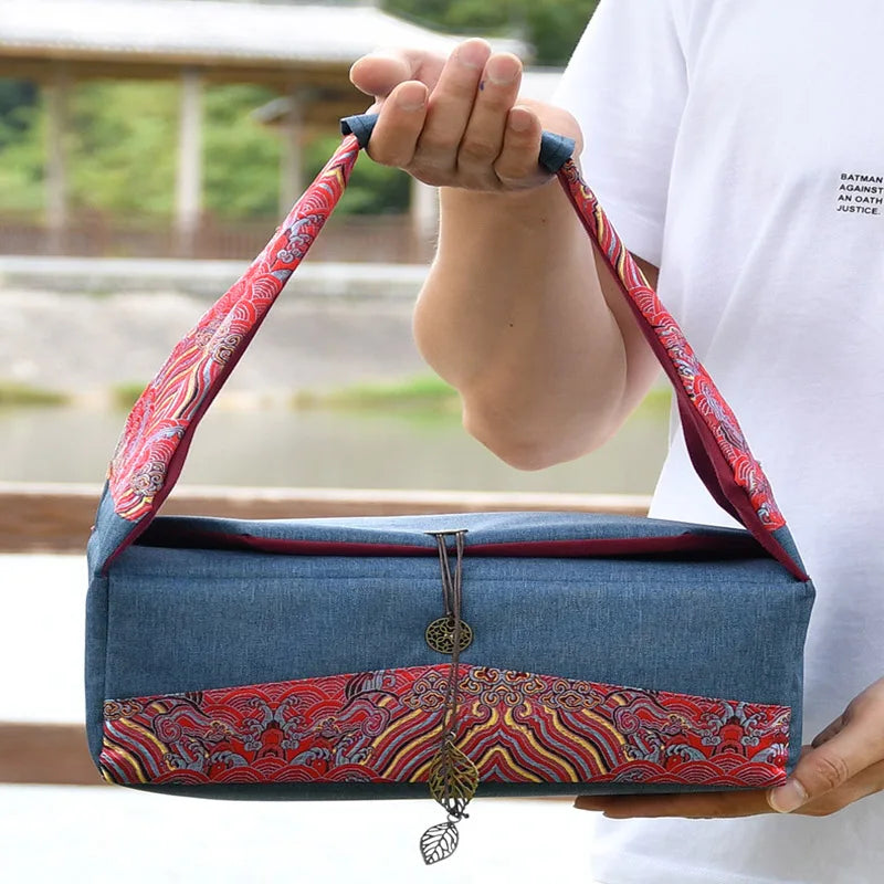 Silk Brocade Organizer, Portable Travel Storage Bag, Thickened, Inner Divided, Travel Cup Organizer, Large Capacity Cloth Bag