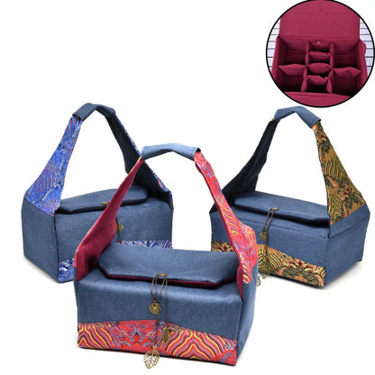 Silk Brocade Organizer, Portable Travel Storage Bag, Thickened, Inner Divided, Travel Cup Organizer, Large Capacity Cloth Bag