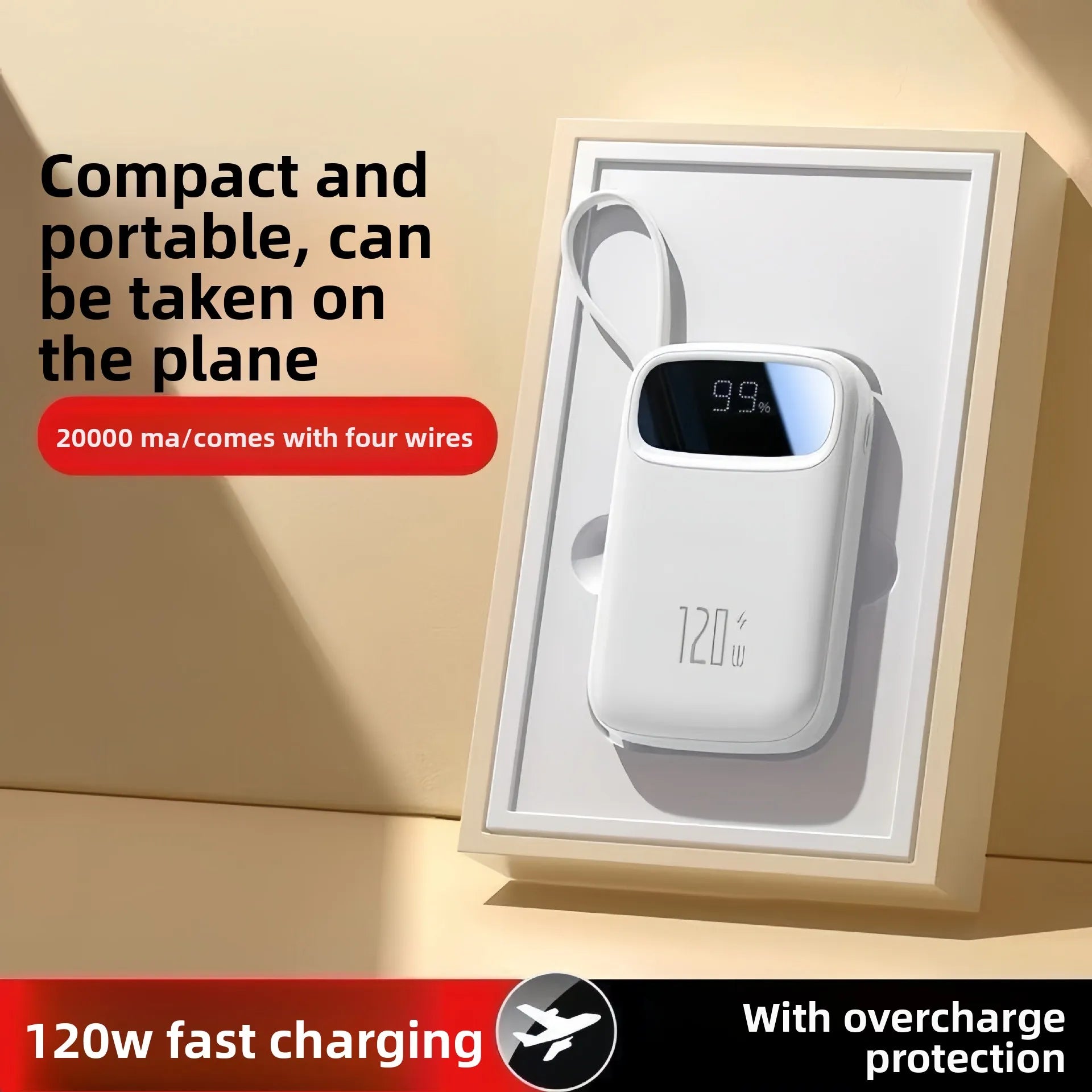 Portable Power Bank 10000–20000mAh with Built-In Cables