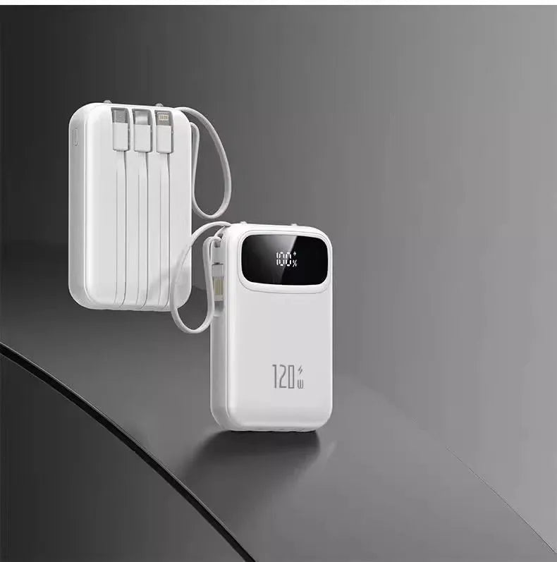 Portable Power Bank 10000–20000mAh with Built-In Cables