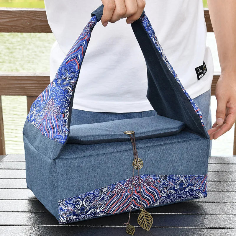 Silk Brocade Organizer, Portable Travel Storage Bag, Thickened, Inner Divided, Travel Cup Organizer, Large Capacity Cloth Bag