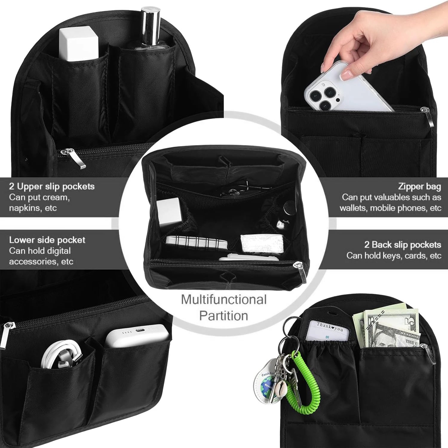 Backpack Organizer Insert Liner Hanging Travel Bag in Bag with Many Pockets