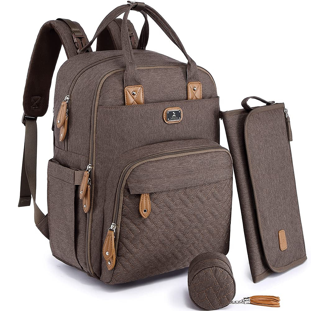 Dikaslon Diaper Bag Backpack with Portable Changing Pad, Pacifier Case and Stroller Straps, Large Unisex Baby Bags for Boys Girls, Multipurpose Travel Back Pack Moms Dads, Gray