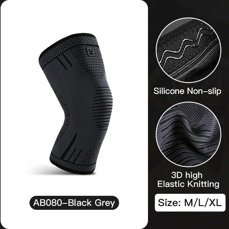 Compression Knee Support Sleeve in black grey color, featuring silicone non-slip design and 3D high elastic knitting.