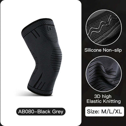 Compression Knee Support Sleeve in black grey color, featuring silicone non-slip design and 3D high elastic knitting.