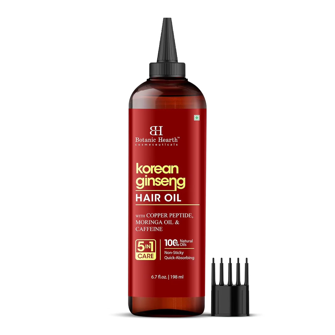 Korean ginseng hair growth oil bottle with copper peptide, moringa oil & caffeine for nourishing hair care.