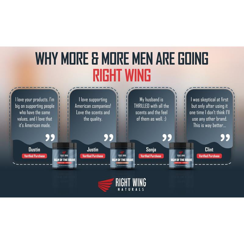 Right Wing Naturals Balm of the Brave – Grass-Fed Beef Tallow Men’S Balm (4 Oz) – Rugged Moisture for Hands, Face, Beard &amp; Scars – American-Made – Scents: White Oak &amp; Vanilla or Tobaco Woods – No Chemicals, No Compromise