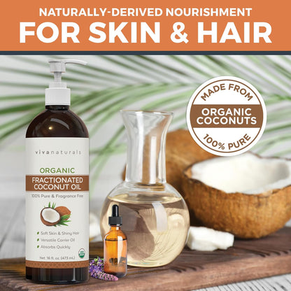 Viva Naturals Organic Fractionated Coconut Oil for skin and hair with glass bottles and fresh coconuts in the background.