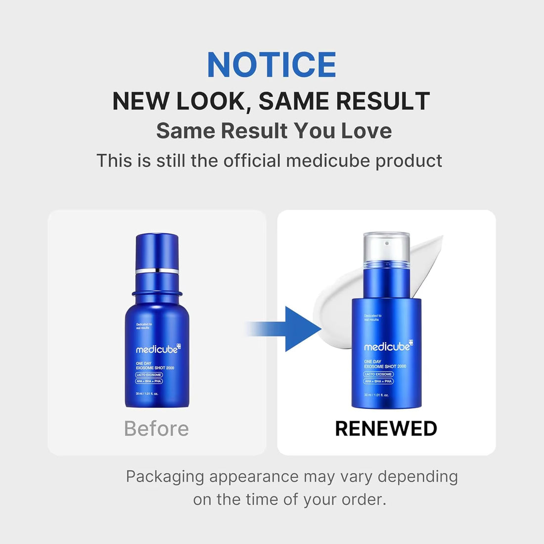 Medicube spicule facial serum before and after packaging refresh notice for customers.