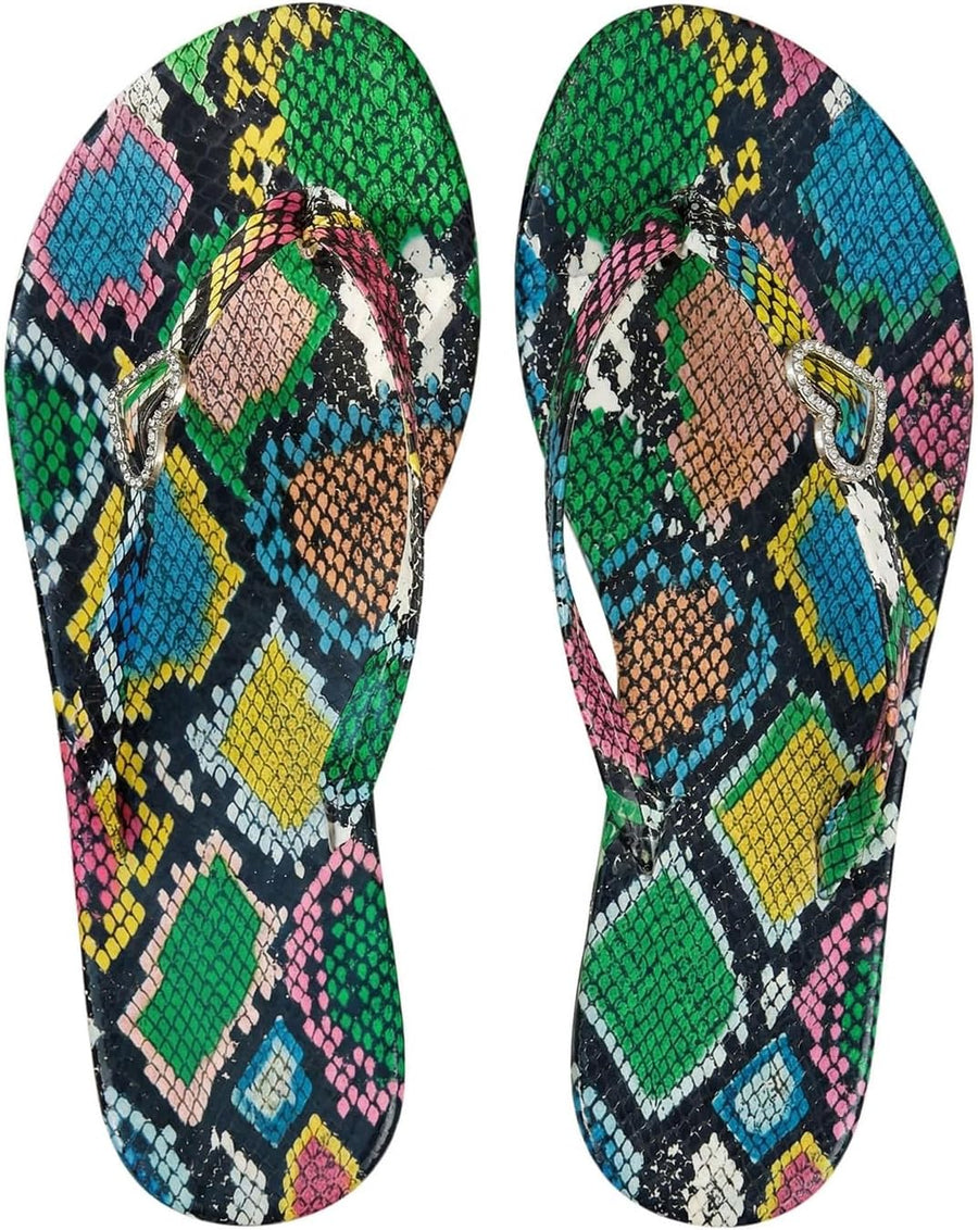 OYOANGLE Women'S Leopard Print Flip Flop Sandals Rhinestone Heart Decor Vacation Casual Cheetah Thong Sandal